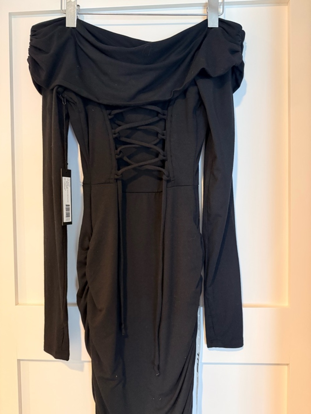 NWT TA3 Shapey Off Shoulder Ruched Black Midi Dress Corset Back Long Sleeve S - Picture 4 of 7